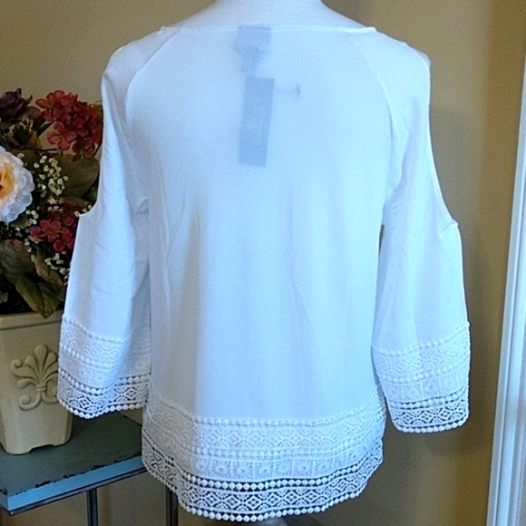 NEW Worthington White Top Blouse Pullover Cold Shoulder 3/4 Slve Crochet Lace Sm - Picture 6 of 8